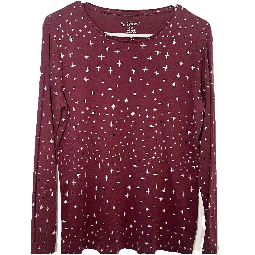 Chico’s Burgundy Star Print Long Sleeve Top Size 2 (Large) Cotton Celestial Tee